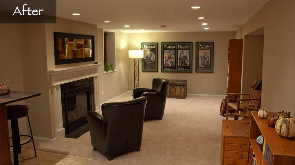 Jacobson Construction New Fireplace Transforms Cold Basement into Warm Family Room